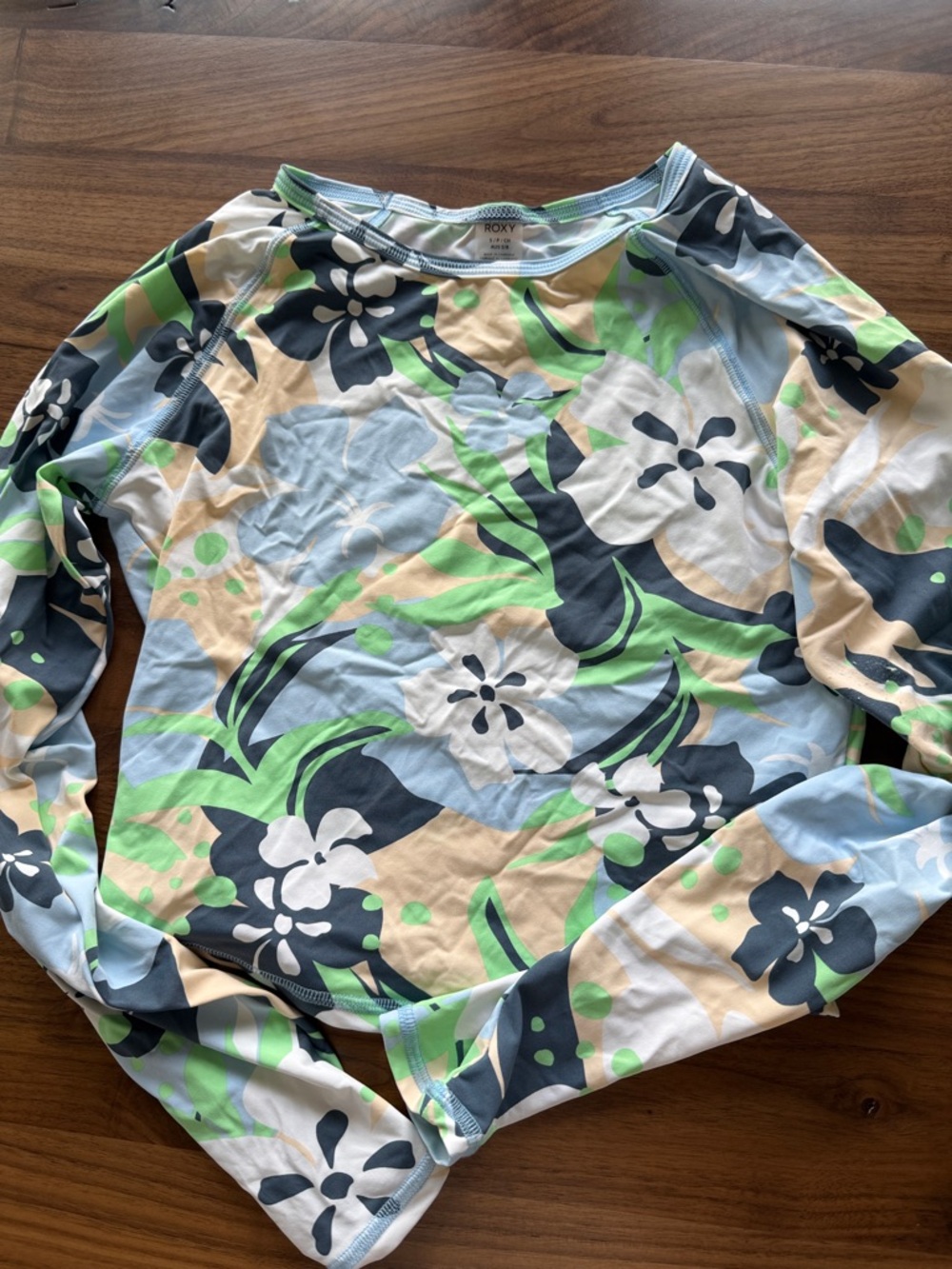 Roxy Floral Long Sleeve Rash Guard in Pastel Blue, Green & Cream
